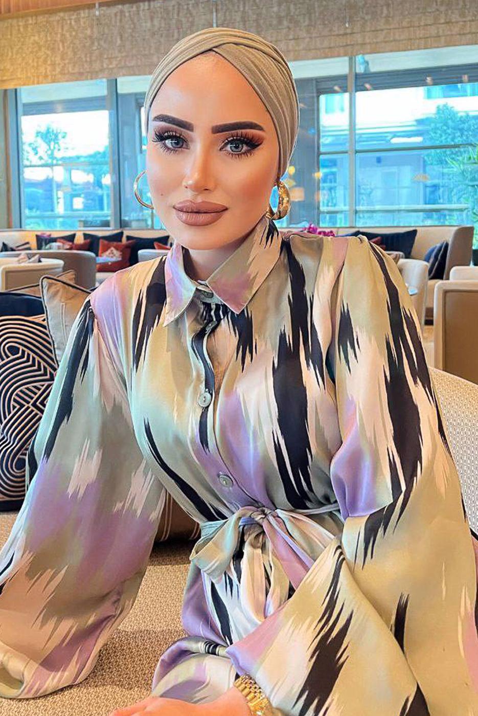 Tesettür giyim YEŞİL BALON KOL DESENLİ KUŞAKLI ELBİSE 5237	