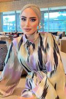 Tesettür giyim YEŞİL BALON KOL DESENLİ KUŞAKLI ELBİSE 5237	