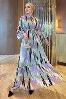 Tesettür giyim YEŞİL BALON KOL DESENLİ KUŞAKLI ELBİSE 5237	