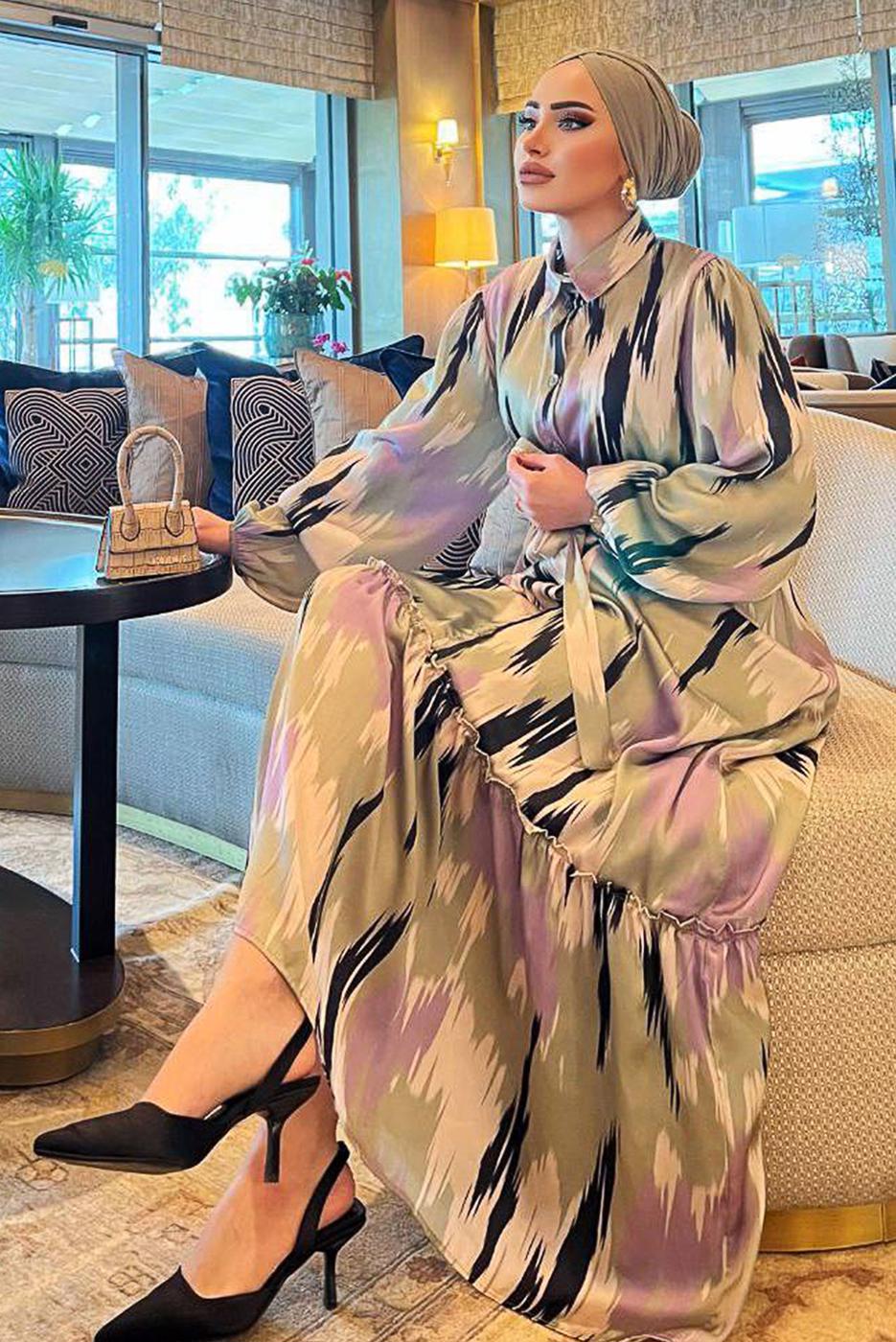 Tesettür giyim YEŞİL BALON KOL DESENLİ KUŞAKLI ELBİSE 5237	