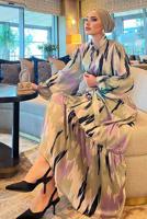 Tesettür giyim YEŞİL BALON KOL DESENLİ KUŞAKLI ELBİSE 5237	