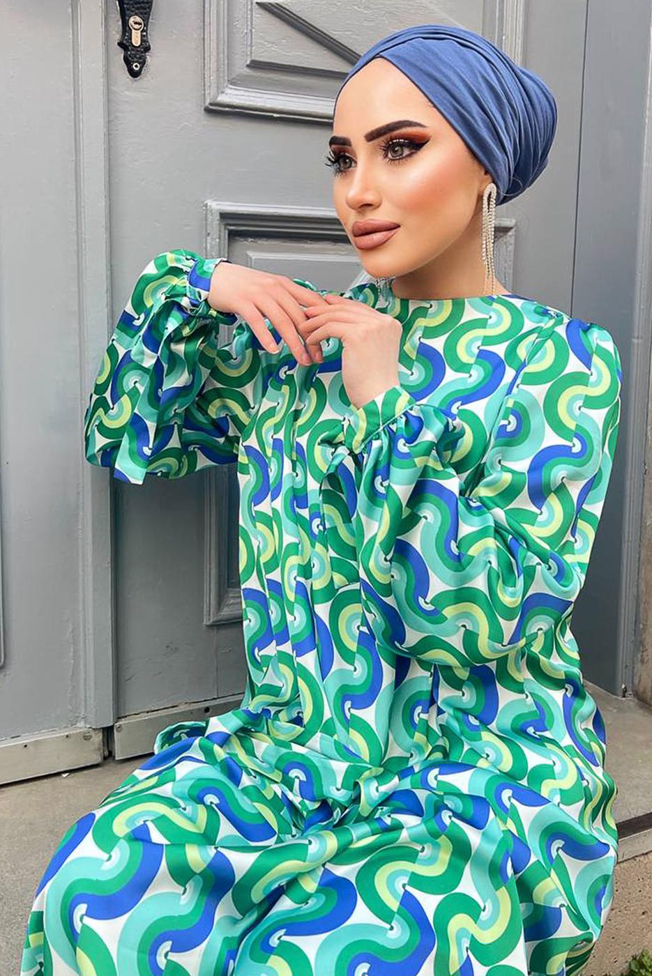Hijab clothing GREEN COLORED PATTERNED SATIN DRESS 6138