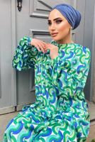 Hijab clothing GREEN COLORED PATTERNED SATIN DRESS 6138