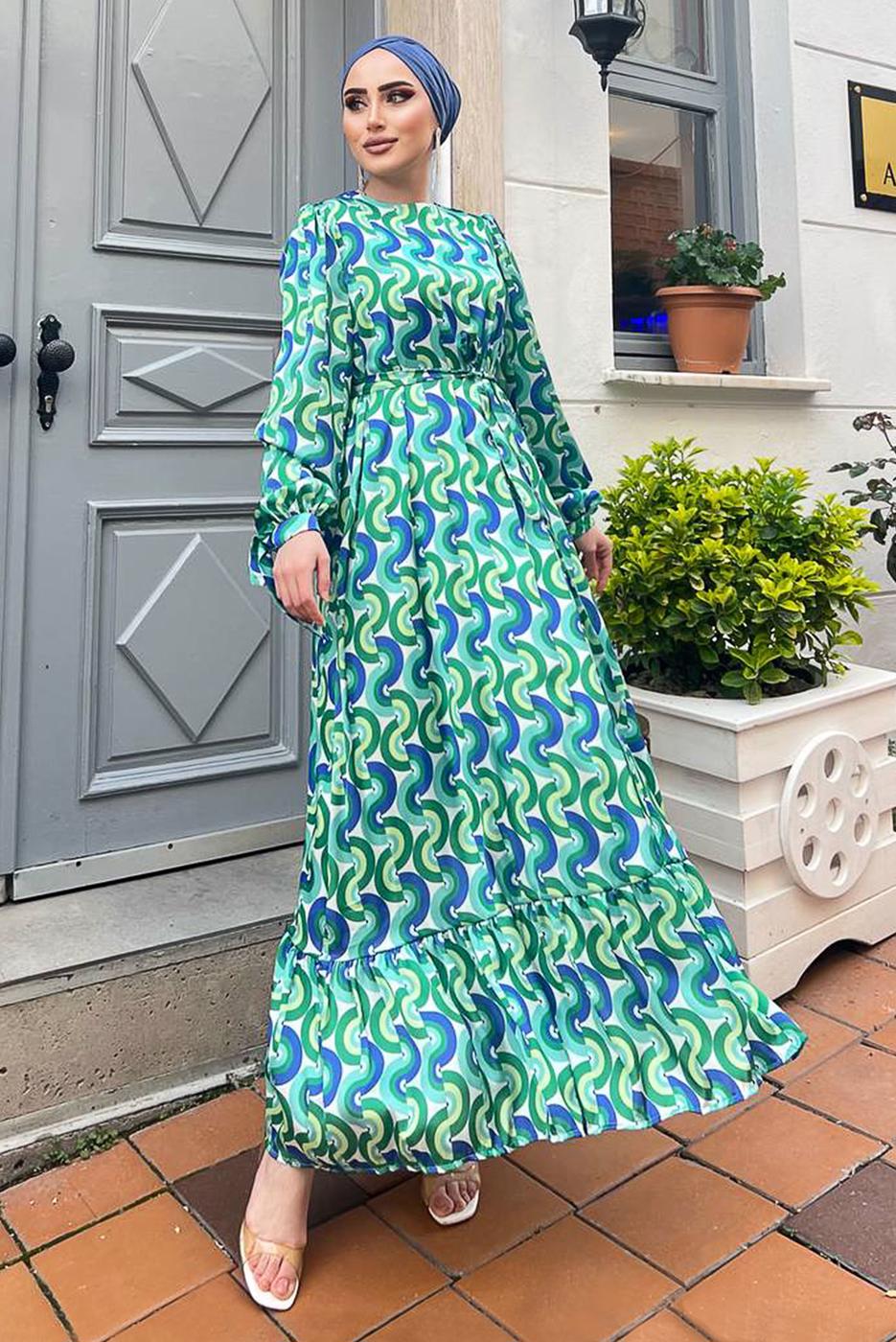 Hijab clothing GREEN COLORED PATTERNED SATIN DRESS 6138