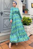Hijab clothing GREEN COLORED PATTERNED SATIN DRESS 6138