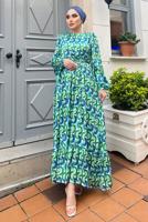 Hijab clothing GREEN COLORED PATTERNED SATIN DRESS 6138