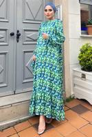 Hijab clothing GREEN COLORED PATTERNED SATIN DRESS 6138