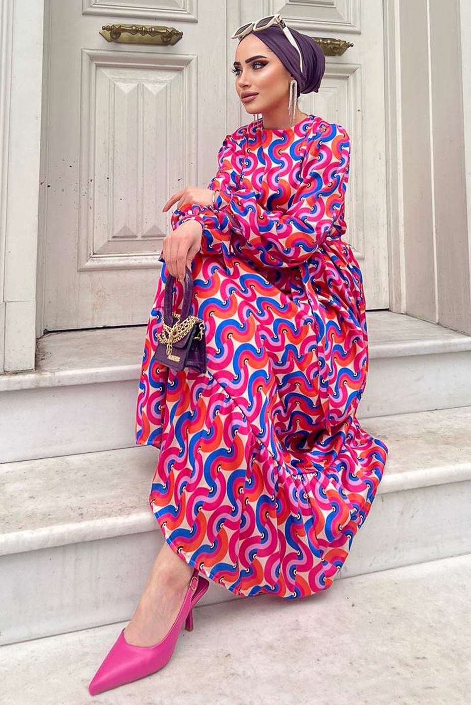 Tesettür giyim FUŞYA RENKLİ DESENLİ SATEN ELBİSE 6138 