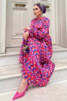 Tesettür giyim FUŞYA RENKLİ DESENLİ SATEN ELBİSE 6138 