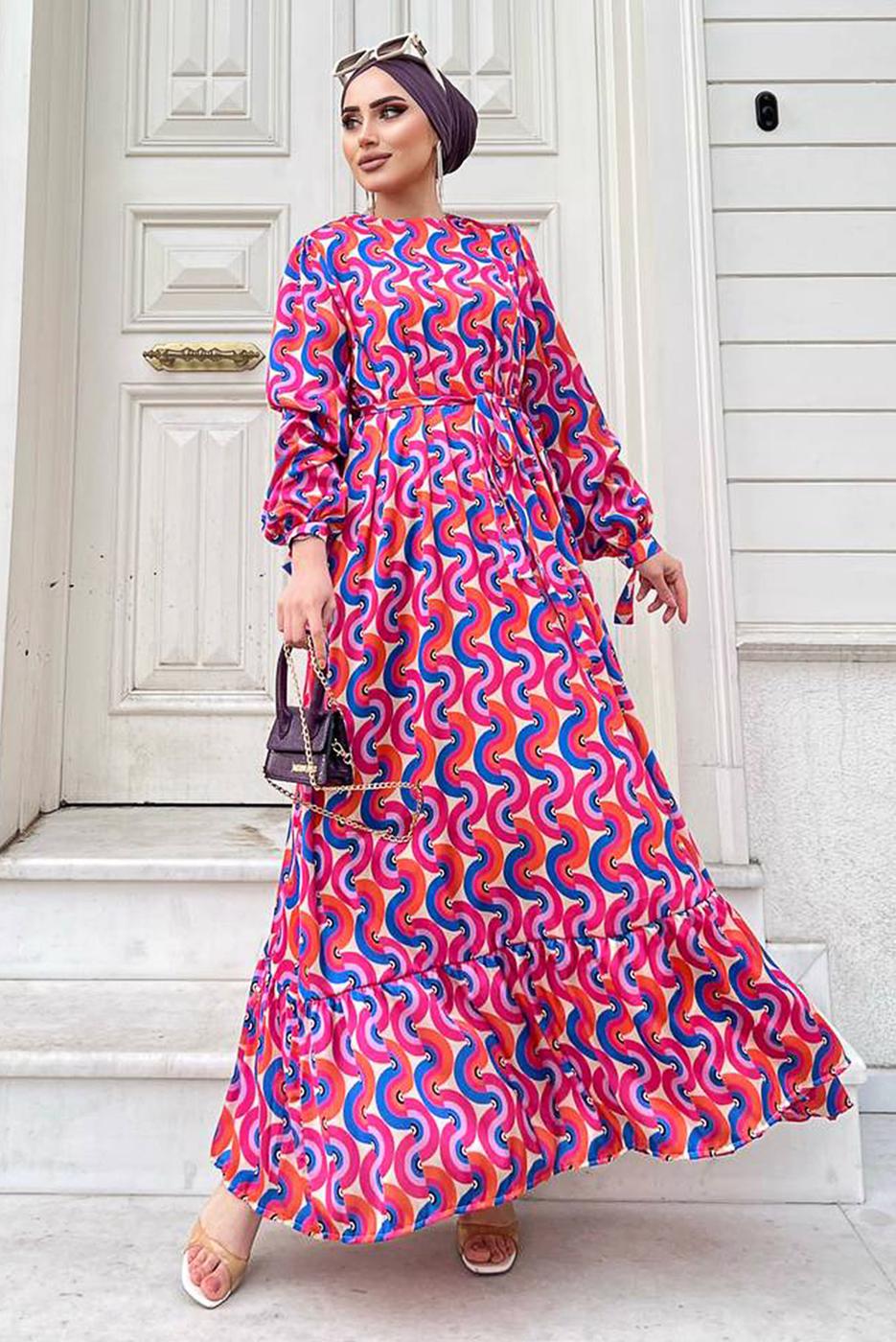 Tesettür giyim FUŞYA RENKLİ DESENLİ SATEN ELBİSE 6138 