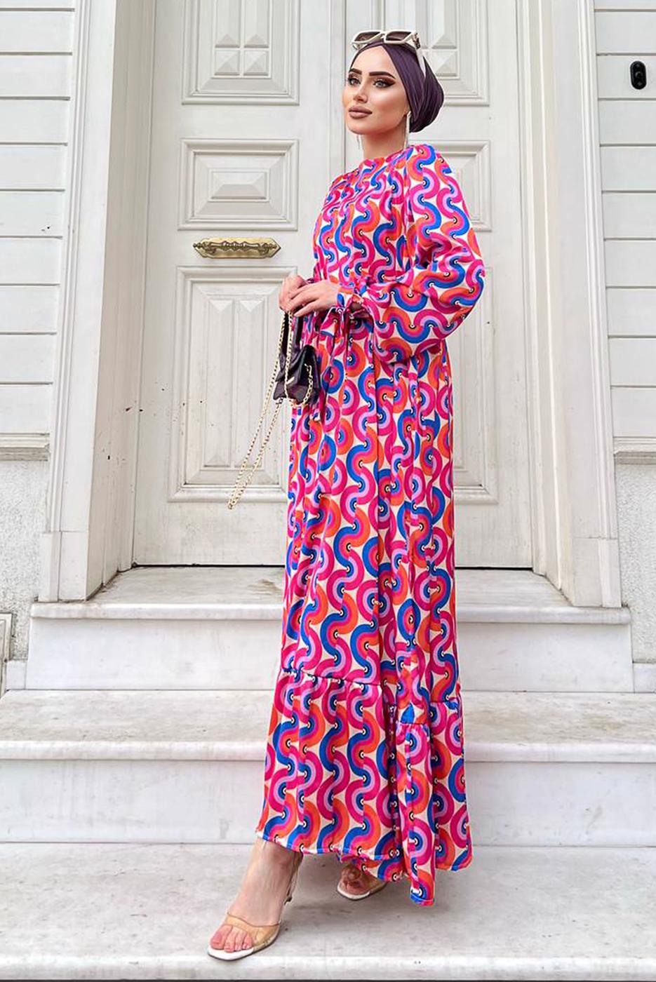 Tesettür giyim FUŞYA RENKLİ DESENLİ SATEN ELBİSE 6138 