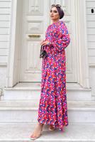 Tesettür giyim FUŞYA RENKLİ DESENLİ SATEN ELBİSE 6138 
