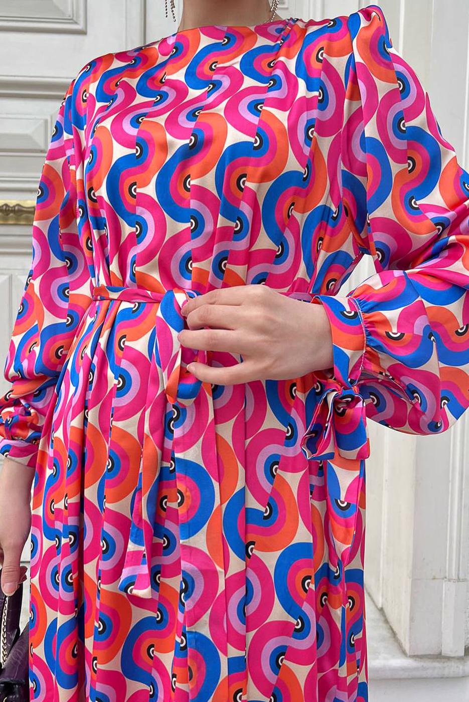 Tesettür giyim FUŞYA RENKLİ DESENLİ SATEN ELBİSE 6138 