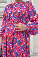 Tesettür giyim FUŞYA RENKLİ DESENLİ SATEN ELBİSE 6138 