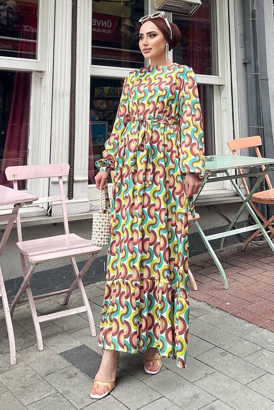 Tesettür giyim YEŞİL RENKLİ DESENLİ SATEN ELBİSE 6138 