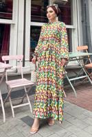 Tesettür giyim YEŞİL RENKLİ DESENLİ SATEN ELBİSE 6138 