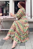 Tesettür giyim YEŞİL RENKLİ DESENLİ SATEN ELBİSE 6138 