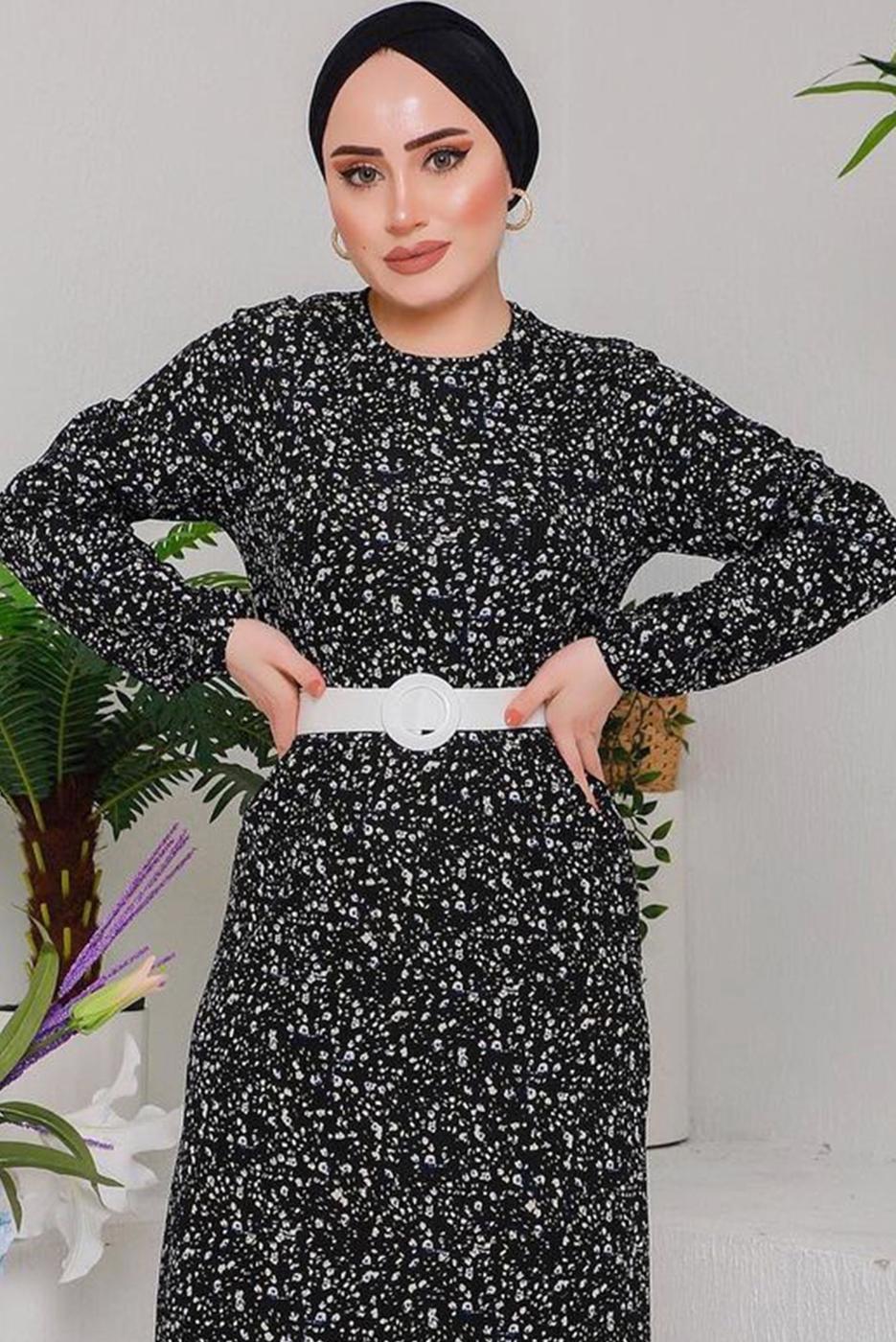 Tesettür giyim SİYAH ÇITIR DESEN ELBİSE 6232 