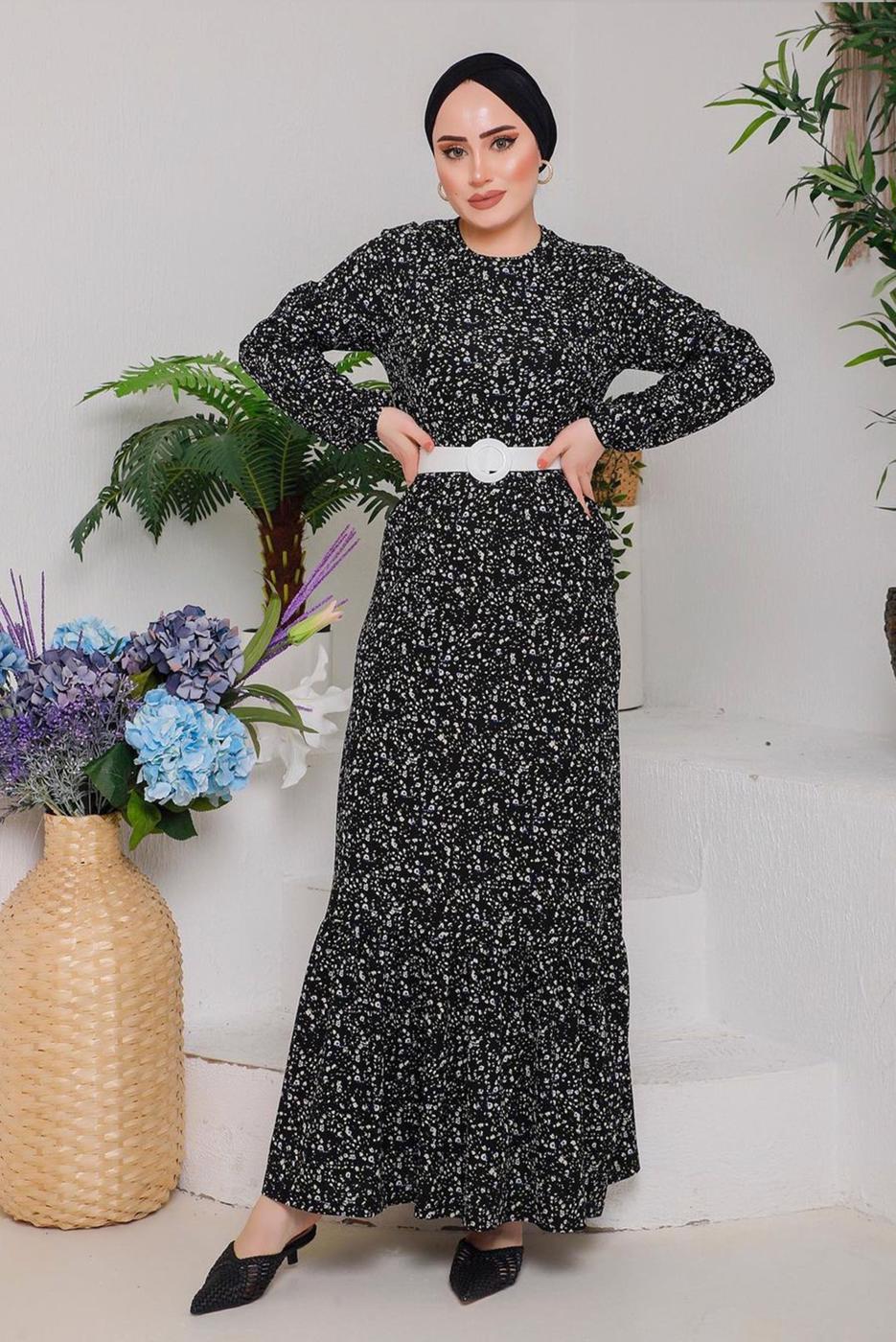 Tesettür giyim SİYAH ÇITIR DESEN ELBİSE 6232 