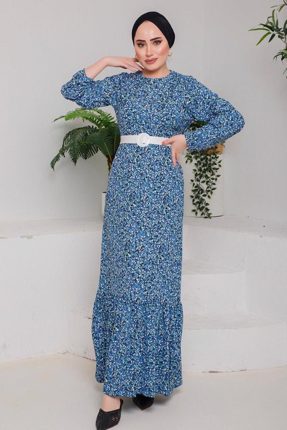 Tesettür giyim MAVİ ÇITIR DESEN ELBİSE 6232 