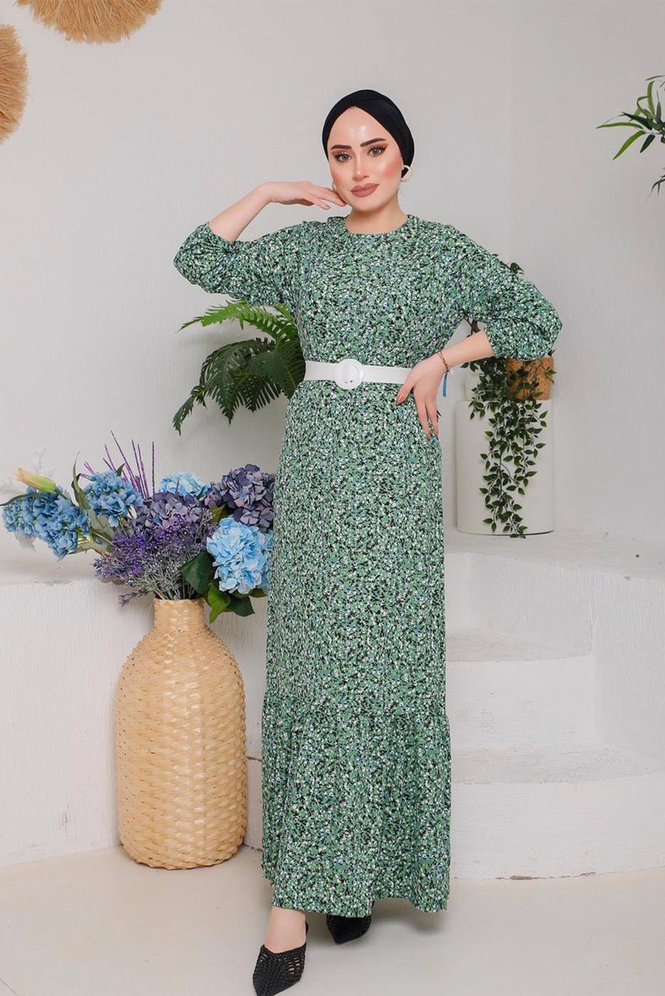 Tesettür giyim YEŞİL ÇITIR DESEN ELBİSE 6232 