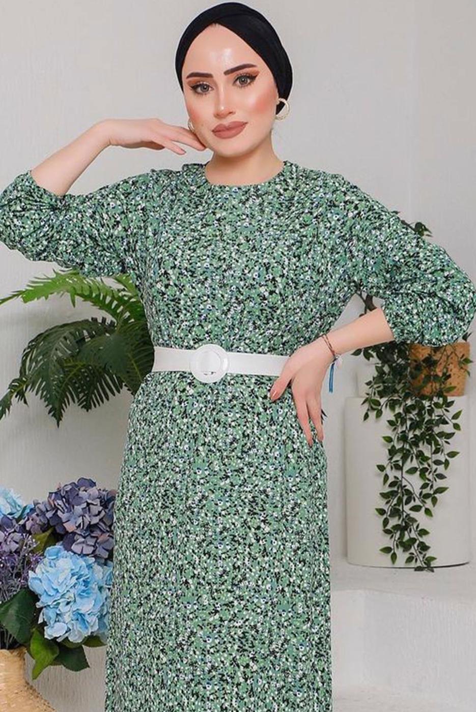 Tesettür giyim YEŞİL ÇITIR DESEN ELBİSE 6232 