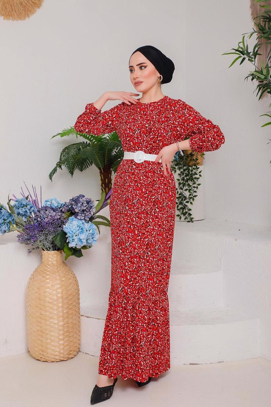 Tesettür giyim KIRMIZI ÇITIR DESEN ELBİSE 6232 