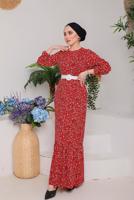 Tesettür giyim KIRMIZI ÇITIR DESEN ELBİSE 6232 