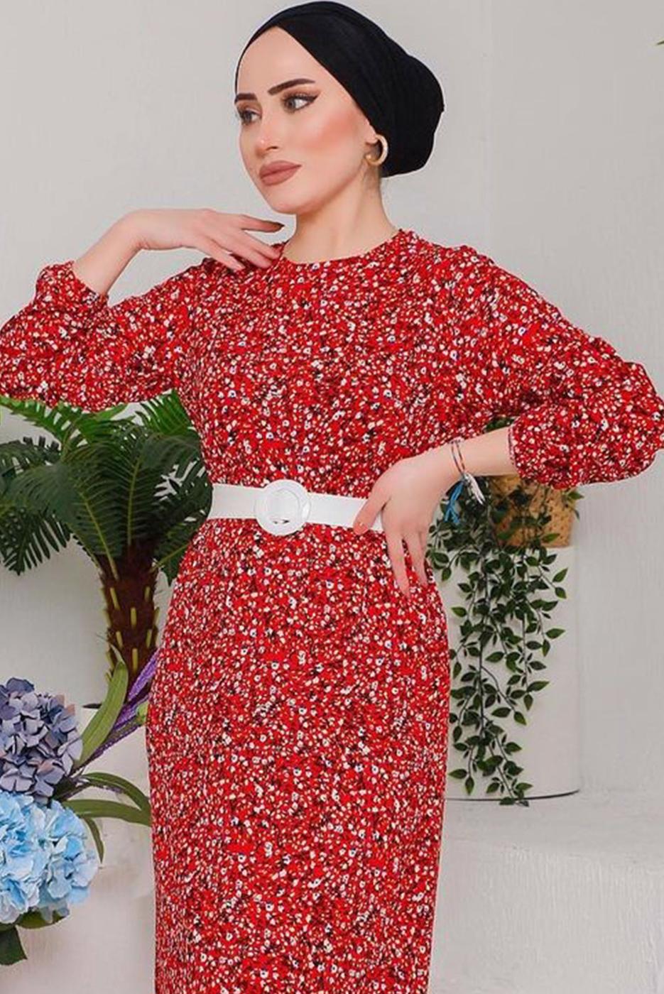 Tesettür giyim KIRMIZI ÇITIR DESEN ELBİSE 6232 