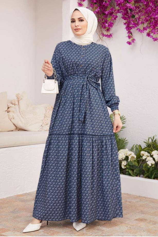 Vêtements hijab  BELTED PATTERNED DRESS 6301  - TRENDTESETTÜR