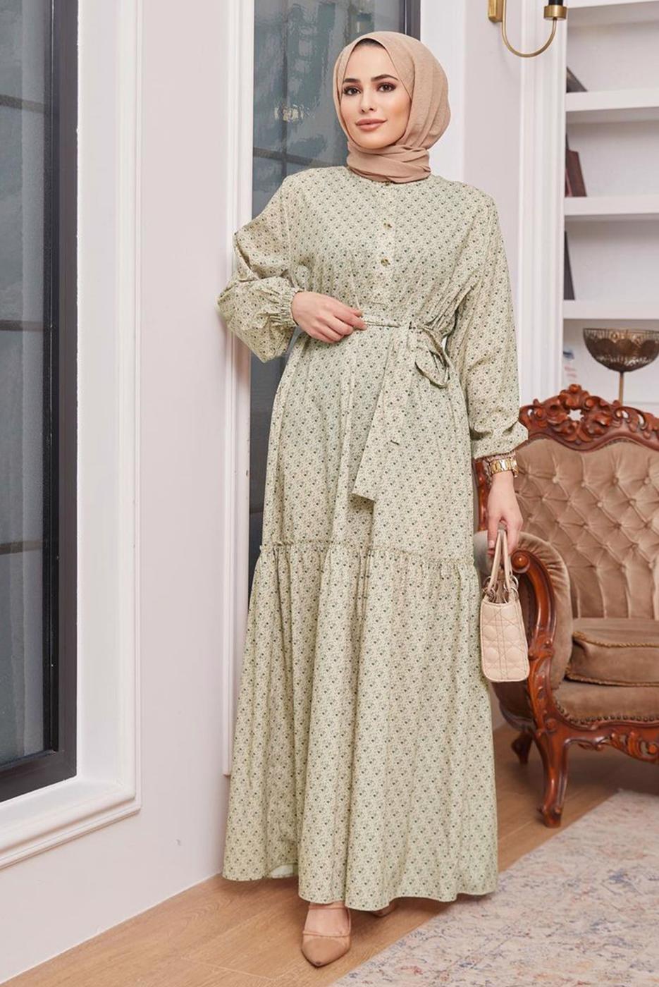 Vêtements hijab BEIGE ROBE À MOTIF CEINTURÉE 6301