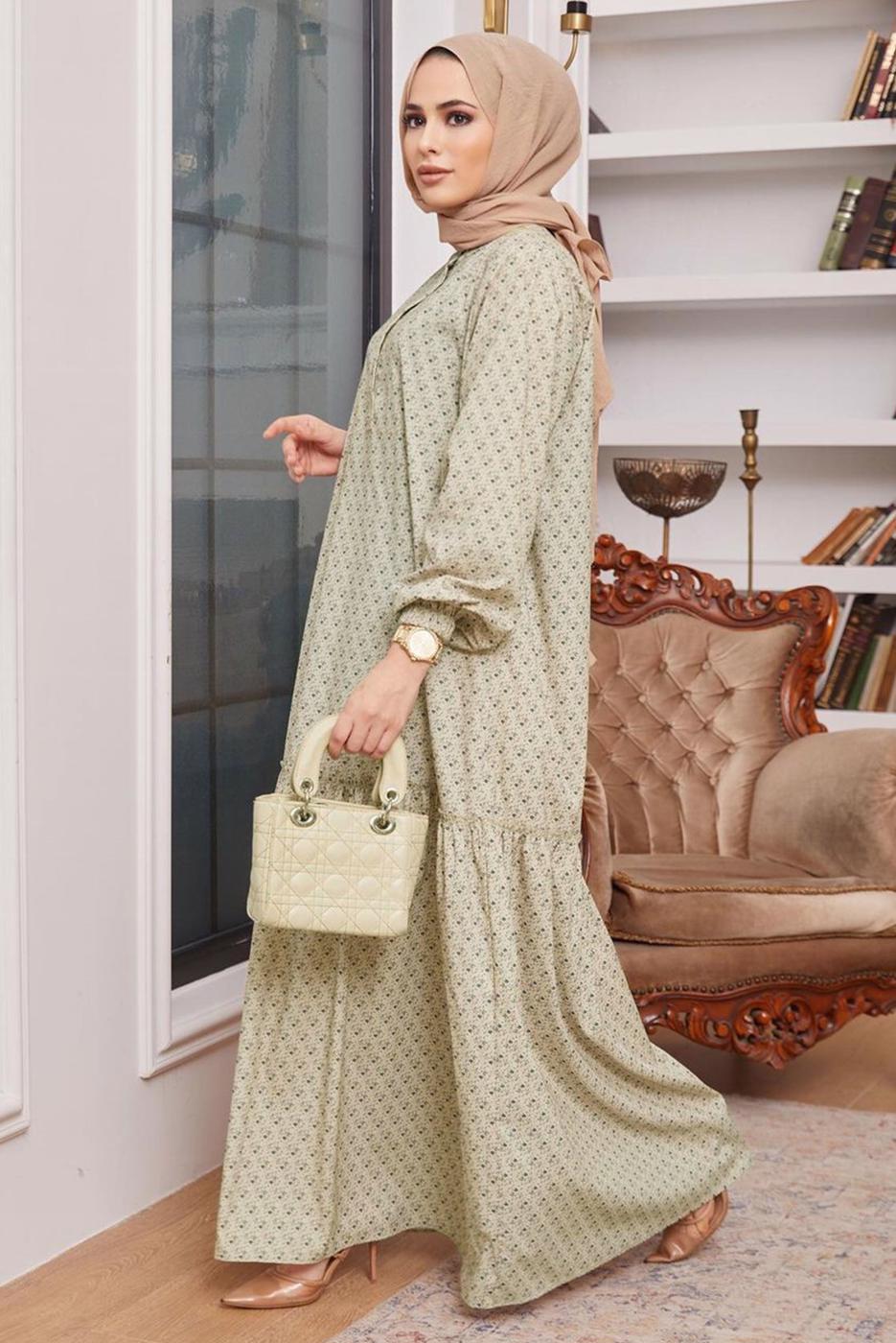 Vêtements hijab BEIGE ROBE À MOTIF CEINTURÉE 6301