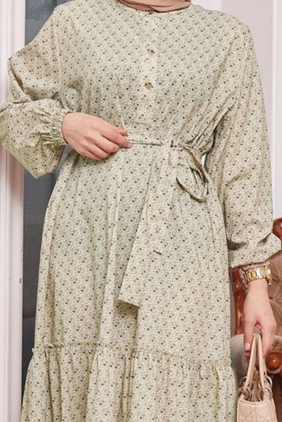 Vêtements hijab BEIGE ROBE À MOTIF CEINTURÉE 6301