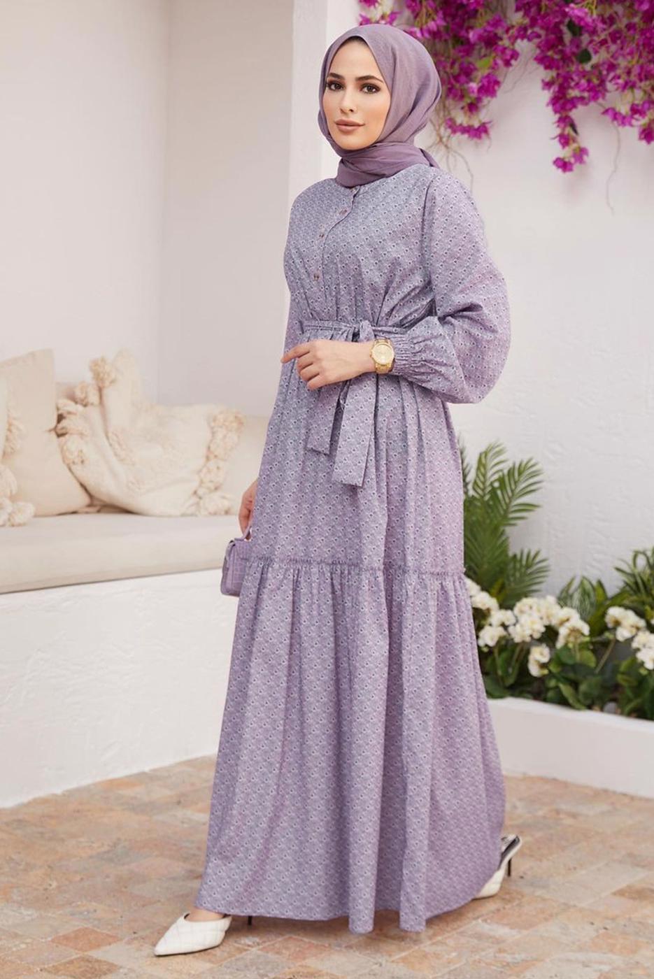 Vêtements hijab POURPRE ROBE À MOTIF CEINTURÉE 6301