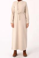 Tesettür giyim BEJ BELİ BÜZGÜLÜ ELBİSE 64006 