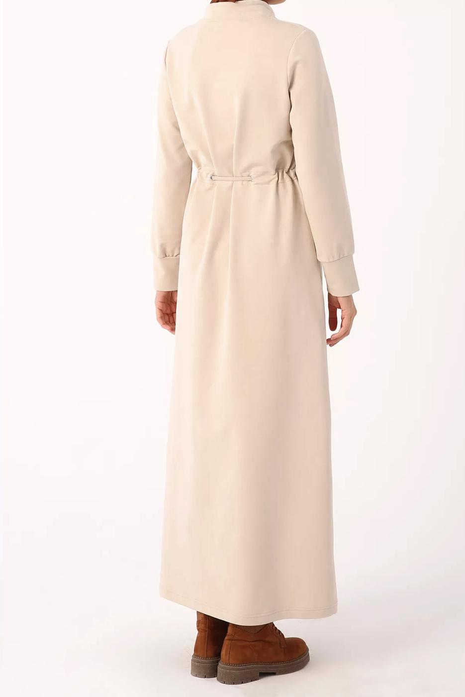 Tesettür giyim BEJ BELİ BÜZGÜLÜ ELBİSE 64006 