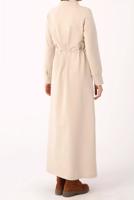 Tesettür giyim BEJ BELİ BÜZGÜLÜ ELBİSE 64006 