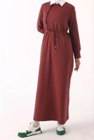 Tesettür giyim TURUNCU BELİ BÜZGÜLÜ ELBİSE 64006 