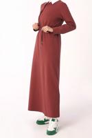 Tesettür giyim TURUNCU BELİ BÜZGÜLÜ ELBİSE 64006 