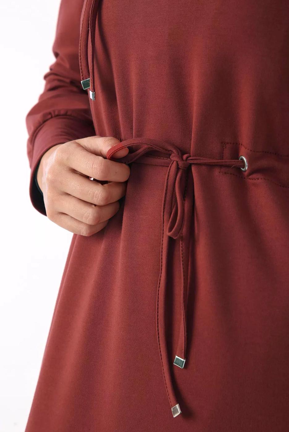 Tesettür giyim TURUNCU BELİ BÜZGÜLÜ ELBİSE 64006 