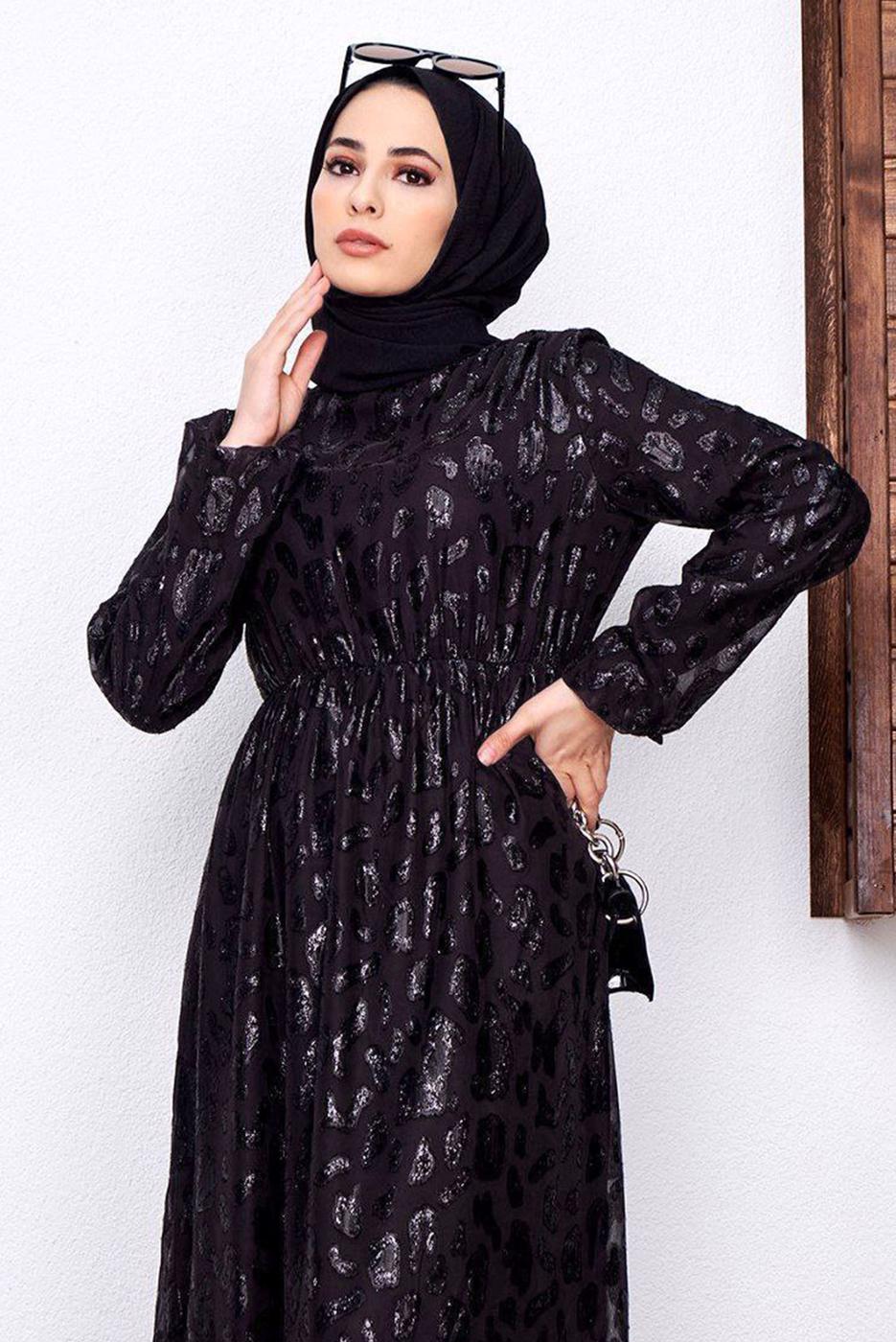 Tesettür giyim SİYAH DESENLİ SİMLİ ELBİSE 6601 
