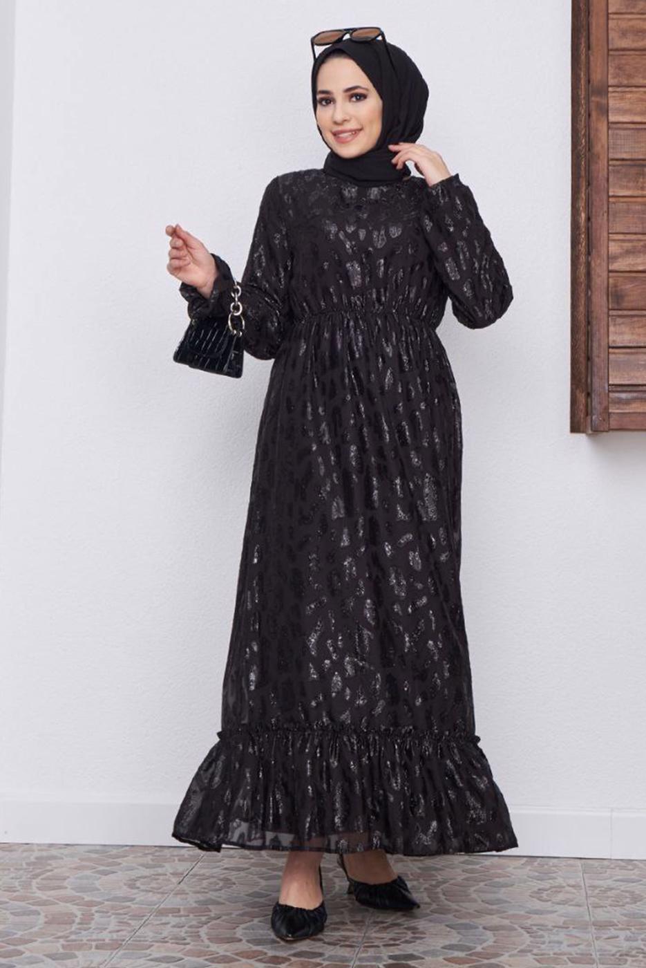 Tesettür giyim SİYAH DESENLİ SİMLİ ELBİSE 6601 