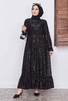 Tesettür giyim SİYAH DESENLİ SİMLİ ELBİSE 6601 