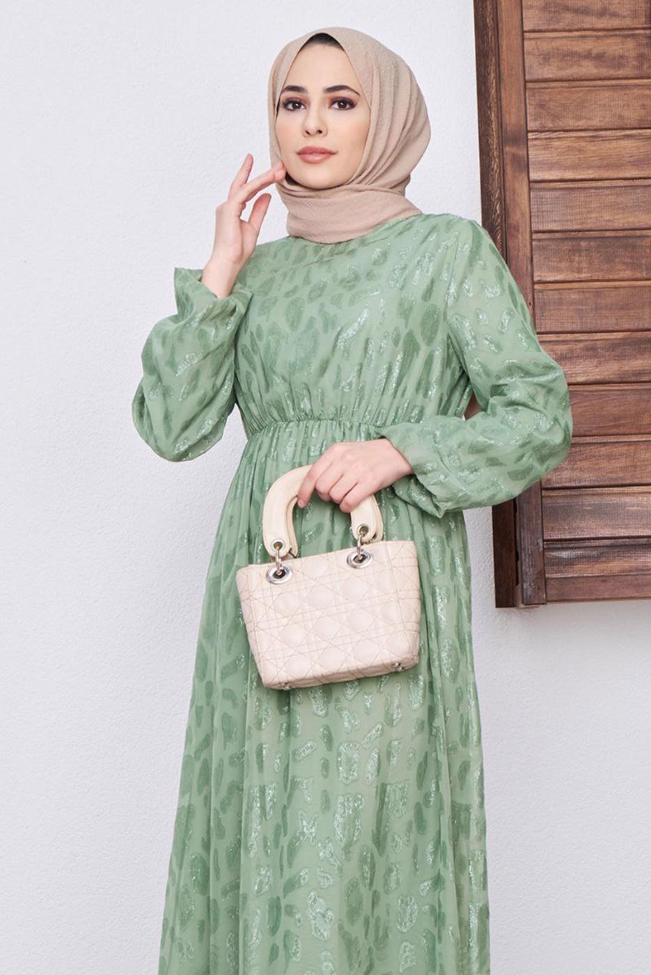Tesettür giyim YEŞİL DESENLİ SİMLİ ELBİSE 6601 