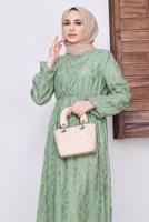 Tesettür giyim YEŞİL DESENLİ SİMLİ ELBİSE 6601 