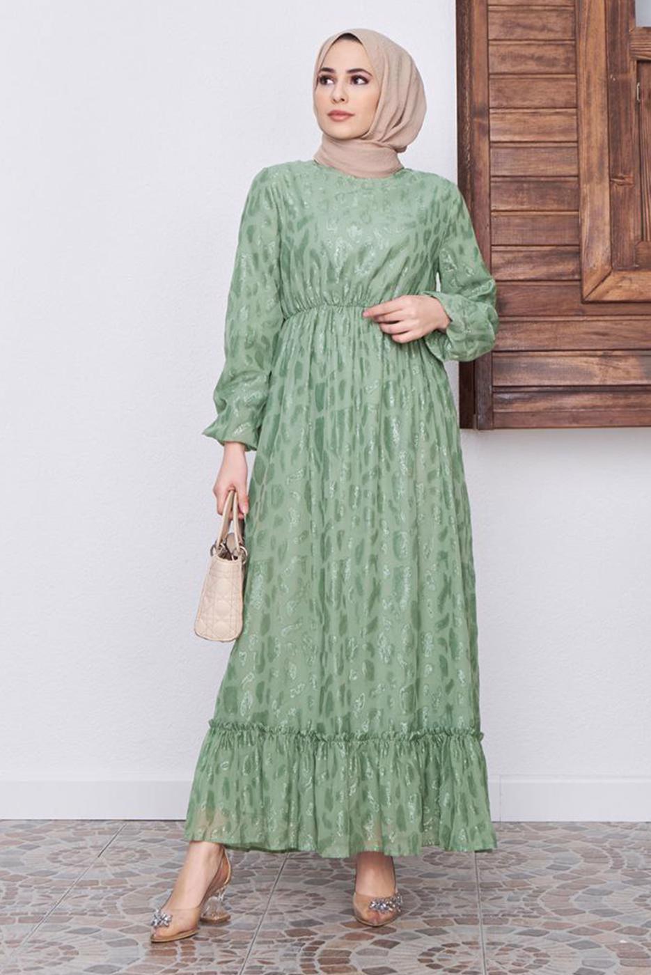 Tesettür giyim YEŞİL DESENLİ SİMLİ ELBİSE 6601 