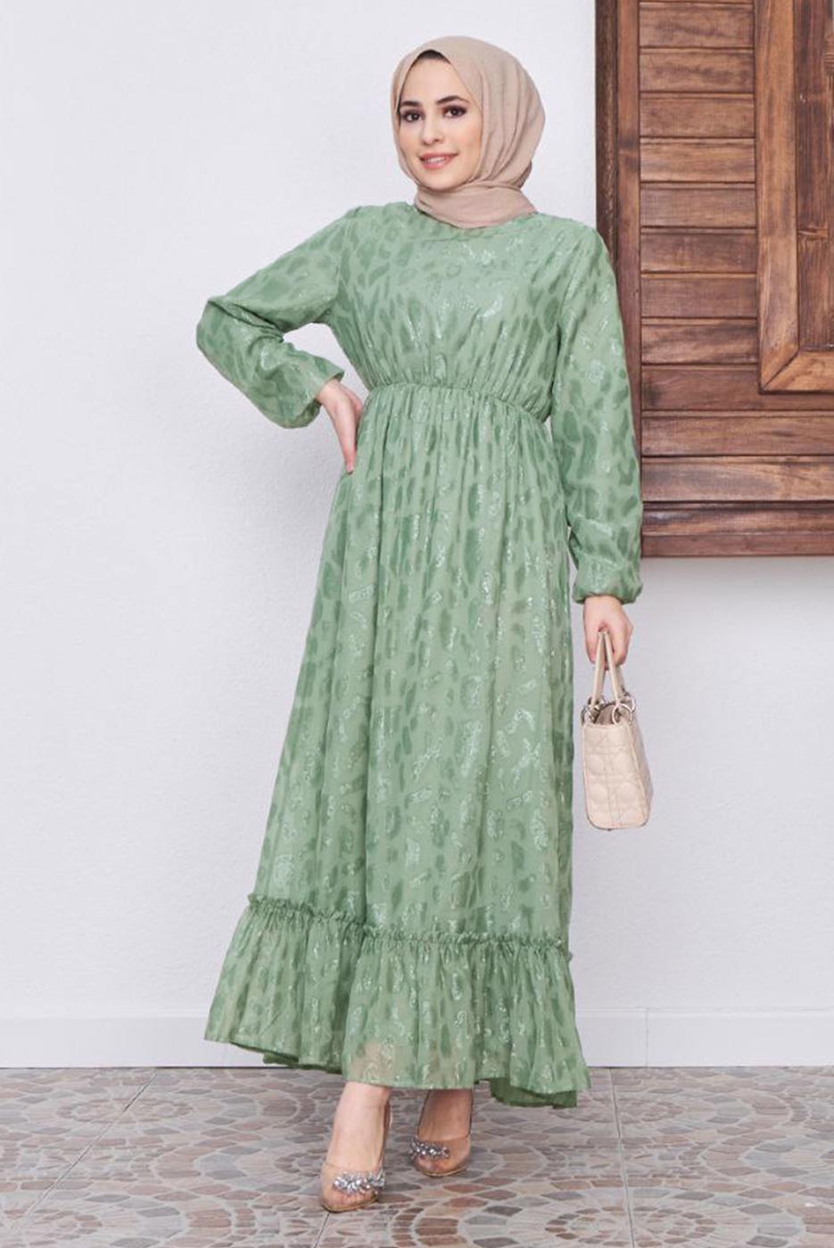 Tesettür giyim YEŞİL DESENLİ SİMLİ ELBİSE 6601 