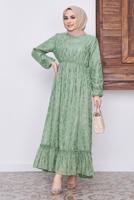 Tesettür giyim YEŞİL DESENLİ SİMLİ ELBİSE 6601 