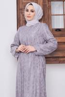 Tesettür giyim GRİ DESENLİ SİMLİ ELBİSE 6601 