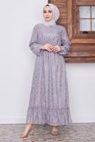 Tesettür giyim GRİ DESENLİ SİMLİ ELBİSE 6601 